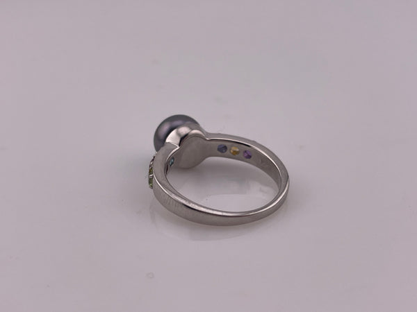 size 9 sterling silver pearl & multi-gemstone ring