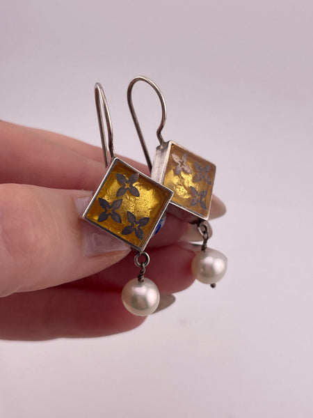sterling silver Varga pearl flower gold leaf resin hook earrings