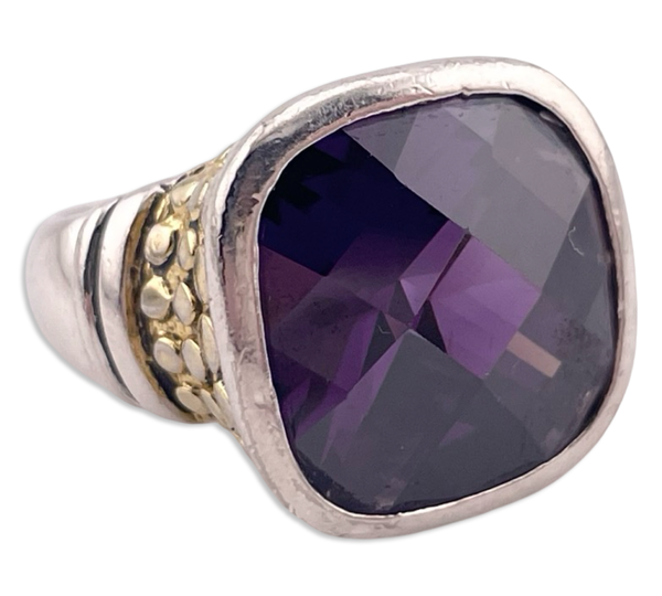 size 5.75 rhodium plated sterling silver & gold wash chunky faceted purple glass ring