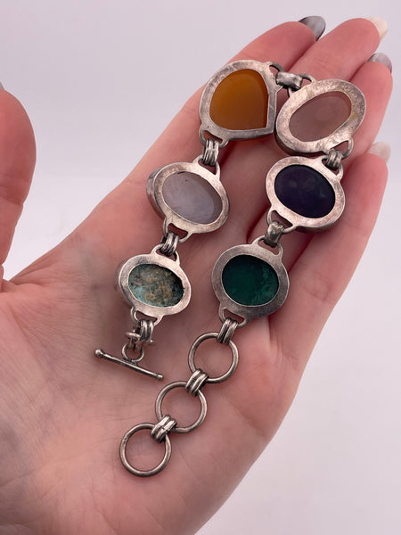 sterling silver 7-1/2" to 9" chunky multi-stone link bracelet