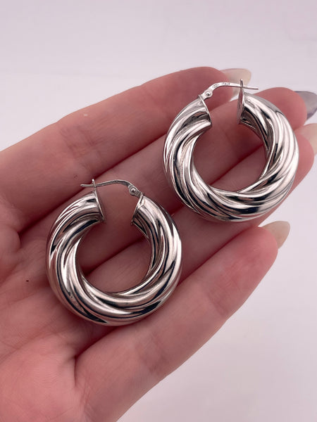 sterling silver chunky 1-3/16" rhodium plated puffy cable hoop earrings