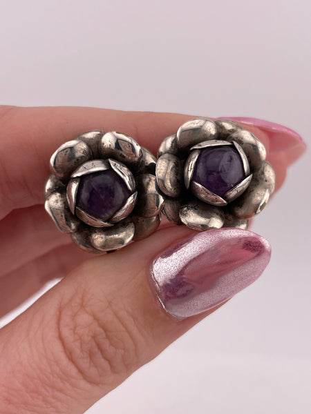 sterling silver Mexican amethyst flower screw-back earrings