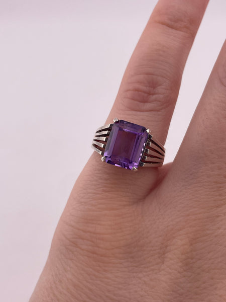 size 5 sterling silver faceted amethyst rectangle cut-out lines ring