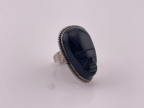 size 6.25 sterling silver rhodium plated carved black onyx face ring