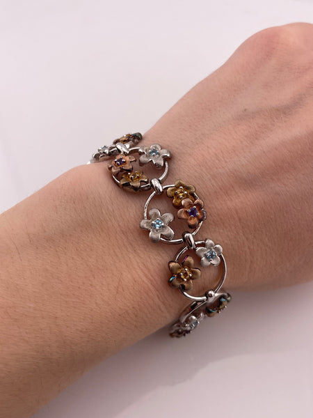 sterling silver & gold plated mult-gemstone flower link bracelet