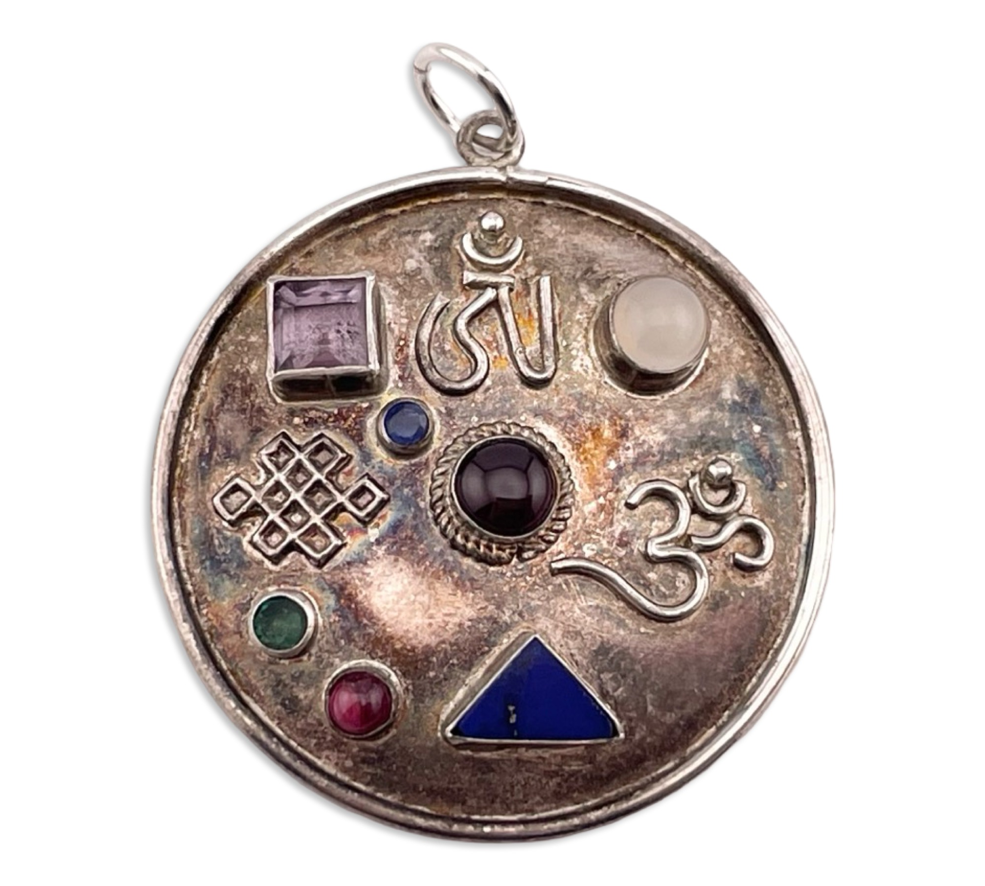 sterling silver round multi-stone om pendant