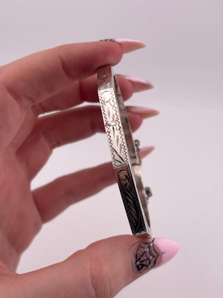 sterling silver 7" etched octagon hinge bangle bracelet