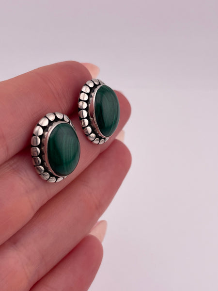 sterling silver oval dot design malachite post earrings