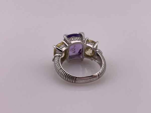 size 7 sterling silver Judith Ripka rhodium plated amethyst lab diamond yellow stone ring