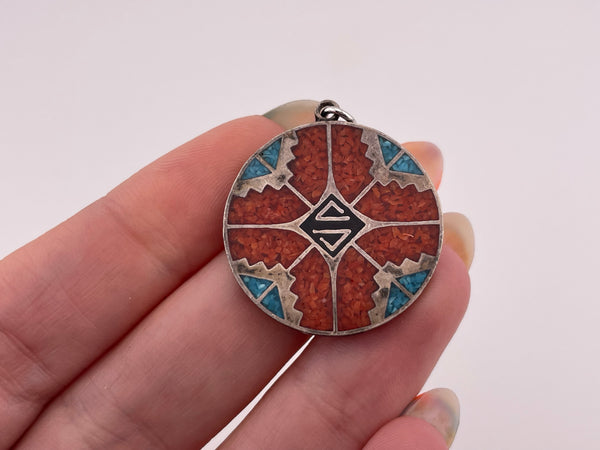 sterling silver crushed turquoise & coral inlay pendant