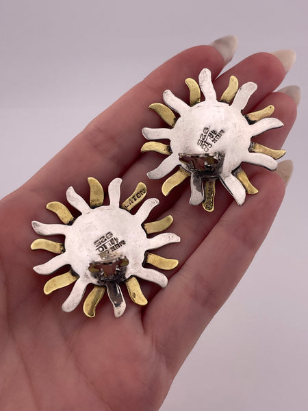 sterling silver & brass Mexican large sun face clip-on earrings