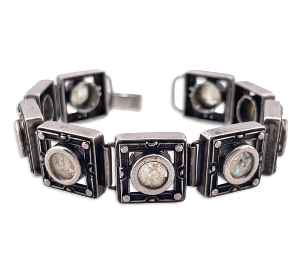 sterling silver heavy Roman glass panel link bracelet