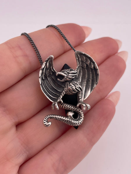 sterling silver 19-3/8" griffin onyx crystal point gun metal finish chain necklace