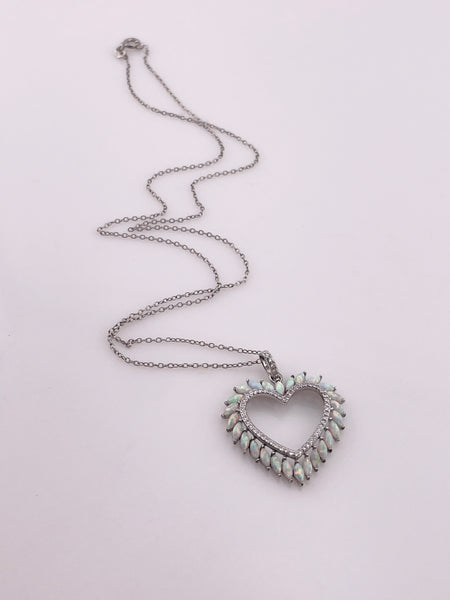 sterling silver lab opal CZ heart pendant necklace