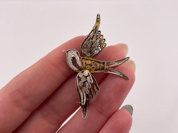 800 silver bird plated filigree brooch pin
