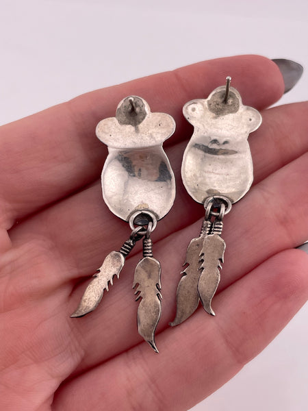 sterling silver turquoise stamped feather dangle post earrings