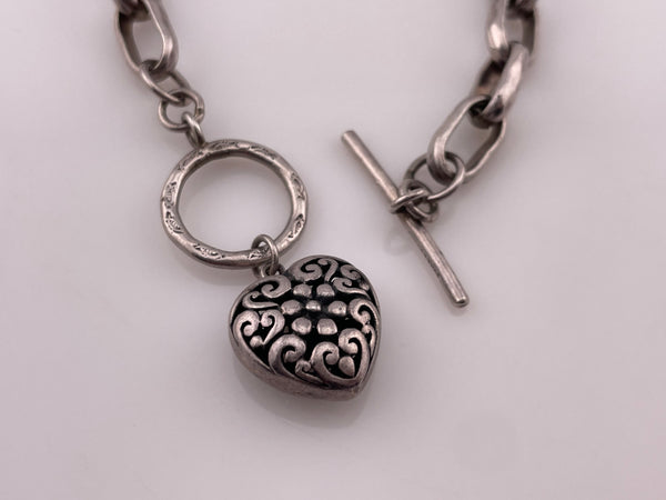 sterling silver 7 5/8" chunky hammered finish oval chain link t-bar toggle clasp heart pendant bracelet
