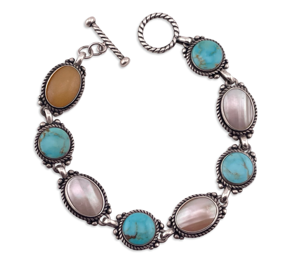 sterling silver 7-1/2" mother of pearl shell stabilized turquoise bracelet