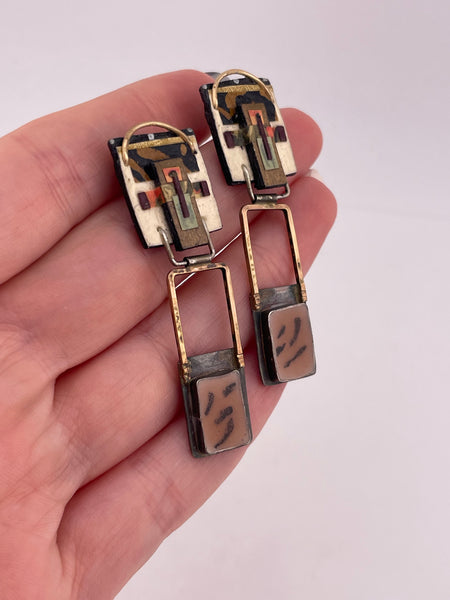 sterling silver & brass mixed media artisan abstract post dangle earrings
