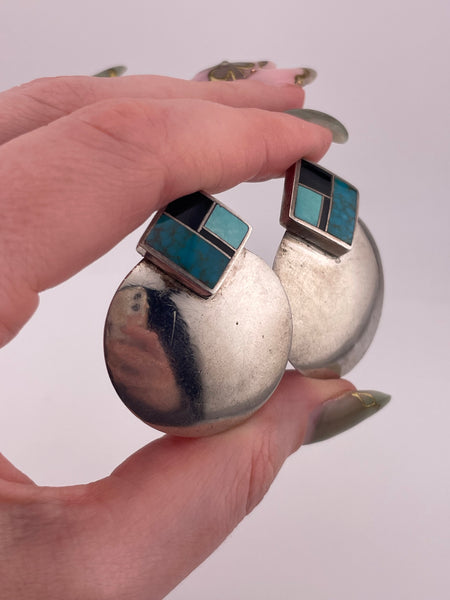 sterling silver Ray Tracey Knifewing turquoise onyx inlay clip-on earrings