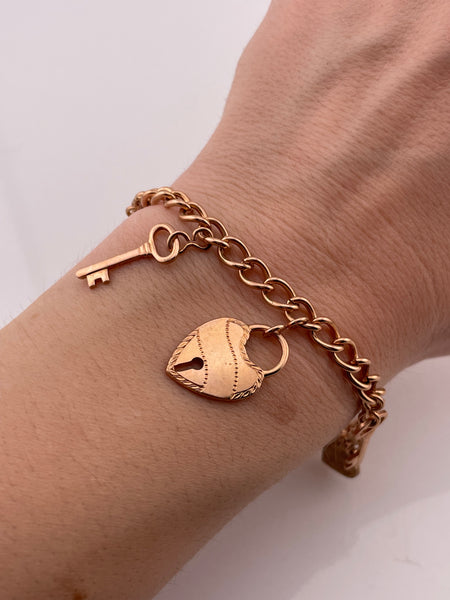 gold plated new old stock 'Key to my Heart' charm heart padlock key chain link bracelet