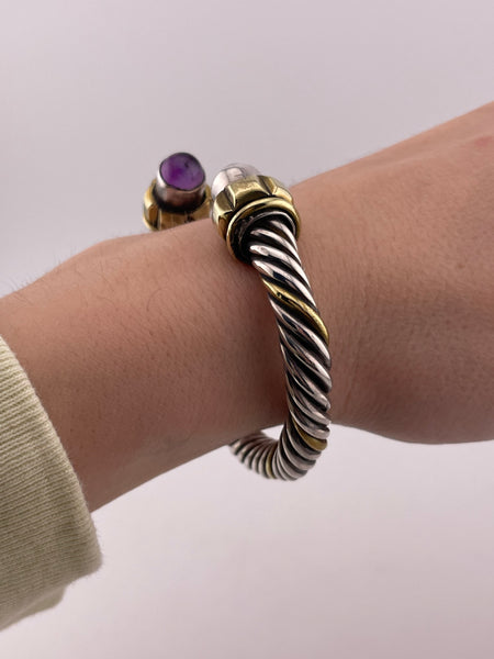 sterling silver & brass heavy cable twist amethyst cuff bracelet