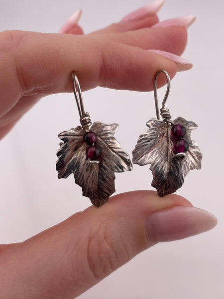 sterling silver garnet leaf hook earrings