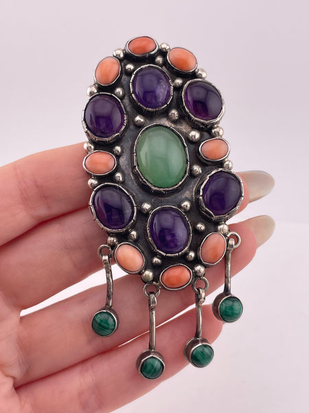sterling silver large multi-gemstone pendant