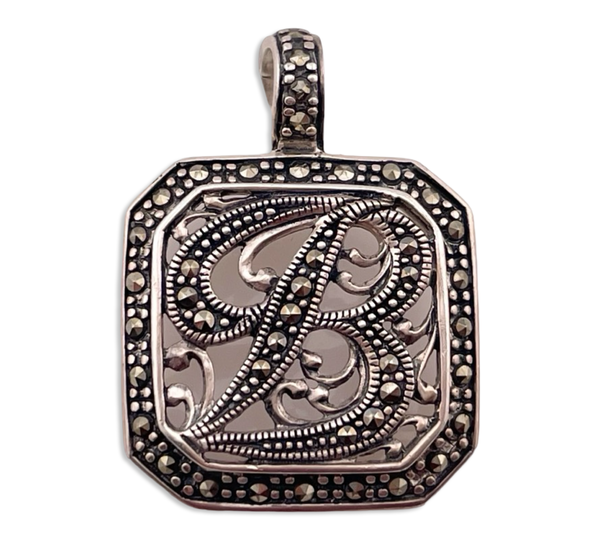 sterling silver 'B' letter initial marcasite pendant