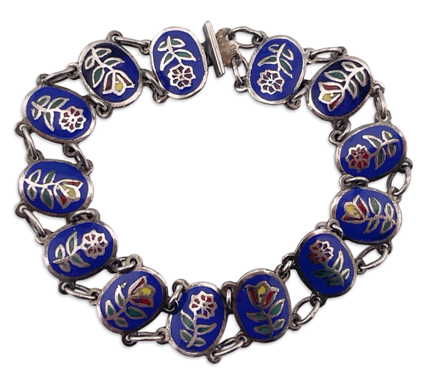 NOT STERLING - silver tone painted flower link bracelet **AS IS**