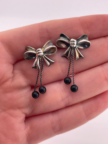 sterling silver bow-tie black bead dangle post earrings