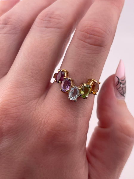 size 9 gold plated sterling silver faceted multi-gemstone chevron ring