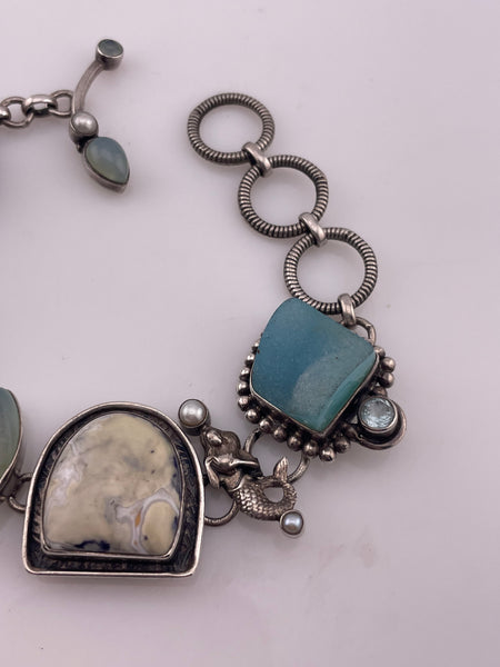 sterling silver 7-1/8" to 8-3/8" multi-stone mermaid link bracelet