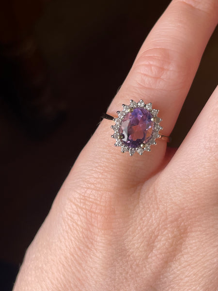 size 5.5 14k yellow gold faceted amethyst & diamond halo ring