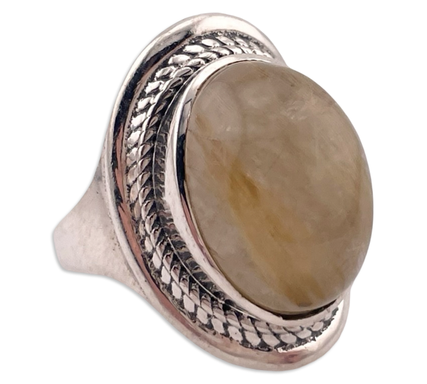 size 7.25 sterling silver oval rutilated quartz rope border ring
