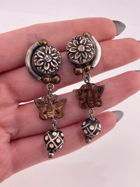 sterling silver & brass Amy Khan Russell carved synthetic material & wood butterfly post earrings