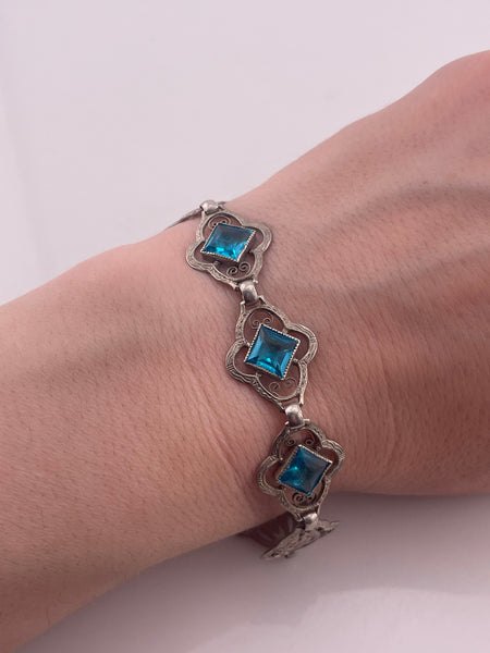 sterling silver 6-3/4" faceted blue glass flower bracelet ***AS IS***