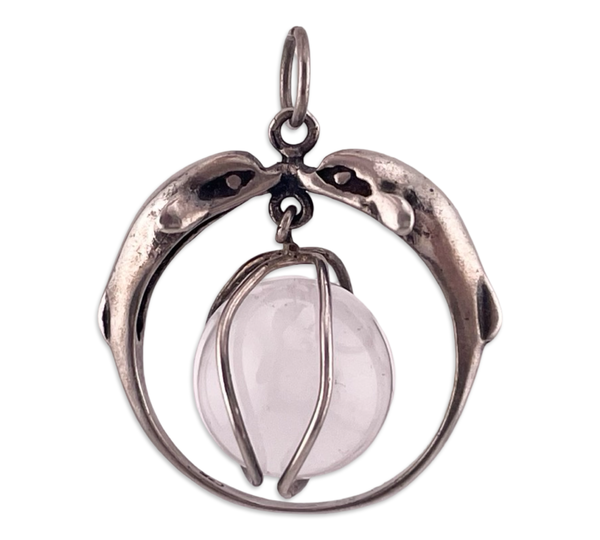 sterling silver quartz orb dolphins pendant