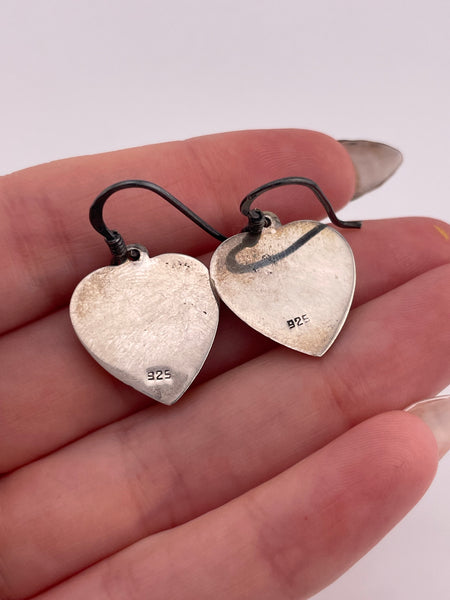 sterling silver rhodium plated etched heart hook dangle earrings