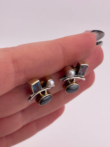 sterling silver & gold plated pearl, topaz, & hematite post earrings
