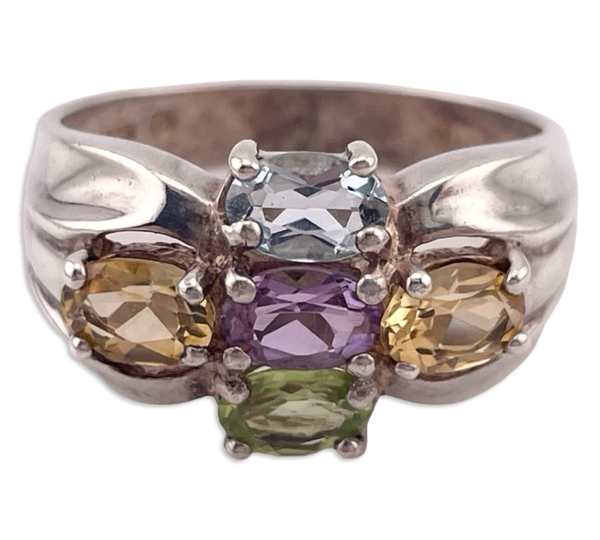 size 10 sterling silver faceted multi-gemstone ring