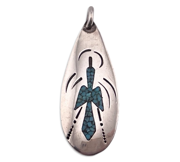 sterling silver Tommy Singer crushed turquoise coral peyote bird pendant