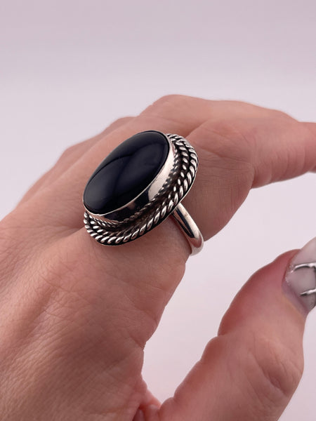 size 7.25 sterling silver Mexican black glass ring ***AS IS***