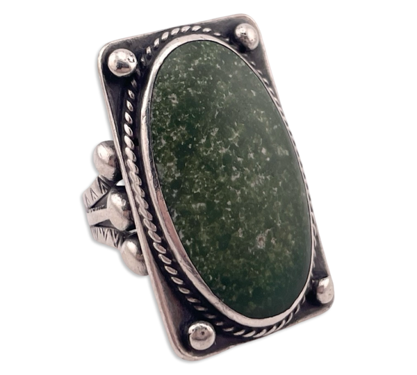 size 5.75 sterling silver Fred Harvey era green turquoise oval rectangle ring