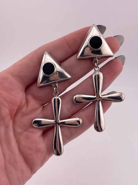 sterling silver Mexican black resin cross post dangle earrings