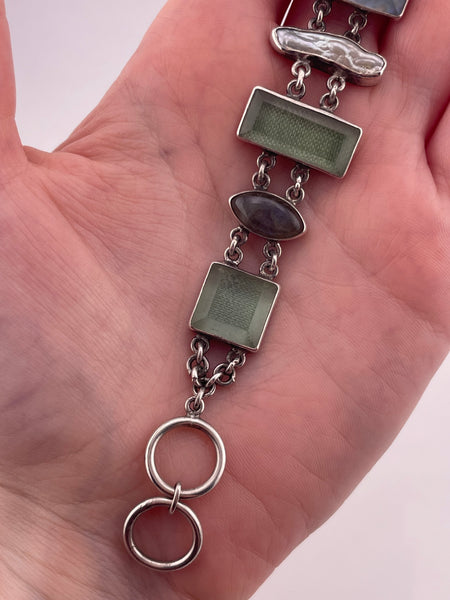 sterling silver 7-1/4" to 7-7/8" Janice Lee Ripley faceted plastic labradorite pearl link bracelet