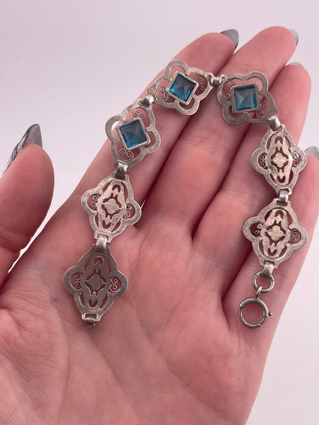 sterling silver 6-3/4" faceted blue glass flower bracelet ***AS IS***