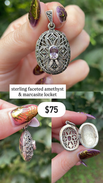 RESERVED PRIVATE LISTING -- sterling silver marcasite amethyst locket A30