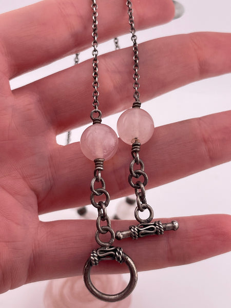 sterling silver 16 1/4" carved rose quartz flower necklace