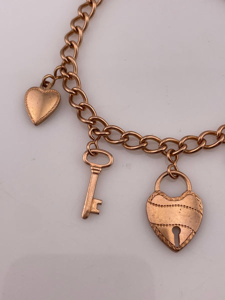 gold plated new old stock 'Key to my Heart' charm heart padlock key chain link bracelet